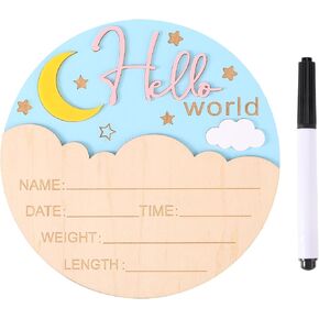 Baby Announcement Sign, 5.9 Inch Moon Style Wood Hello World Newborn Announcement Sign Welcome Baby Name Plaque for Boys Girls Nursery Hospital Photo Prop Room Decoration (Blue)
