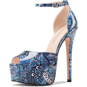 TNYNFBEB Womens Stiletto High Platform Heel Peep Open Toe Sandals Ankle Strap Buckle Prom Party Dress Patent Leather 6.1 Inches Heels