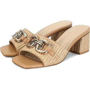 SOVANYOU Raffia Sandals Women Block Heel Sandals Square Open Toe Mule Heels Slip On Beach Heels Summer Shoes