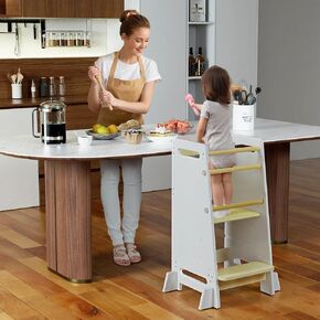 MangoHood Kitchen Step Stool for Toddlers - Kids Montessori Learning Standing Tower Ideal Toddler Kitchen Helper Kids Stool for Counter Children’s Standing Stepstool for Bathroom Sink (Natural/White)