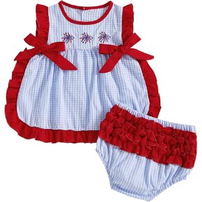 Infant Toddler Baby Girl 4th of July Outfit Firework Embroidery Plaid Ruffle Sleeveless Tank Top Bloomers Shorts Set