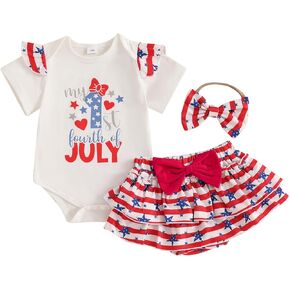 Infant Baby Girl 4th of July Outfit Short Sleeve Letters Romper Stars and Stripe Shorts Headband 3Pcs