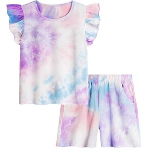 Girls Summer Short Set Cotton Tie Dye Toddler Kids Short Ruffle Sleeve Clothing 3-10Y