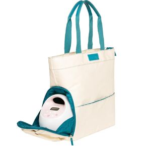 Sarah Wells Austin Breast Pump Tote – Durable Coated Canvas Pump Bag with Insulated Side Pocket for Snacks or Portable Pumps – Pool, Picnic & Everyday Use with Water Bottle Holder (Tidal Blue)