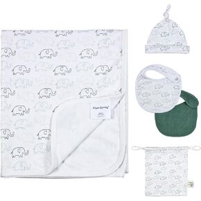 Newborn Swaddle Set with Matching Hat and Bibs Set,5 Pack Cotton Baby Newborn Receiving Blankets Nursery Swaddle Wrap Soft Baby Blanket with a Portable Bag (Elephanet)