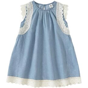 طفل فتيات الدانتيل بلا أكمام دنيم فستان الصيف الكتان القطن sundress جان فساتين