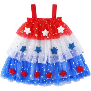 Toddler Baby Girl 4th of July Dress Kid Girls Star Sequin Layered Tulle Tutu Dresses Patriotic Wear Clothes 1-6 Years
