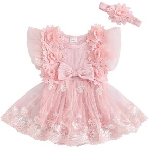Baby Girl Romper Dress Flower Lace Tulle Dresses with Headband Newborn Photography Birthday Outfits