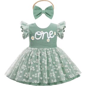 IBTOM CASTLE Baby Girl First Birthday Outfit Ruffle Daisy Tulle Tutu Dress Bow Headband Cake Smash One Year Old Clothes