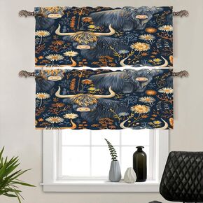 2 Panels Funny Cartoon Cattle Floral Window Valances, Rod Pocket Rustic Daisy Cute Cow Short Curtains Window Treatment for Kitchen, Bathroom, Bedroom Decor, 54" W X 18" L