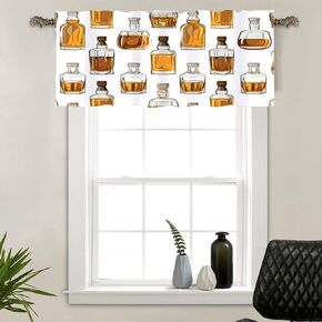 1 Panel Cute Cartoon Glass Bottle Window Valances, Rod Pocket Vintage Whiskey Wine Short Curtains Window Treatment for Kitchen, Bathroom, Bedroom Decor, 54" W X 18" L