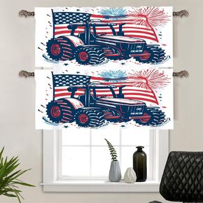 2 Panels Cartoon Firework Tractor Window Valances, Rod Pocket Funny Car American Flag Short Curtains Window Treatment for Kitchen, Bathroom, Bedroom Decor, 54" W X 18" L