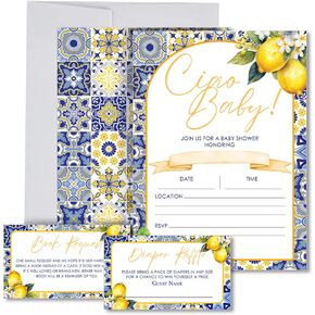 Ciao Baby Italian Baby Shower Invitations Bundle 20 Lemon Blue Tiles Mediterranean Summer Fill-In Invites + Envelopes