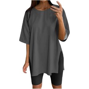 Womens Summer Oversized Shirts Beach Short Sleeve Shirts Round Neck Plus Size Workout Tshirts Casual Solid Blouses