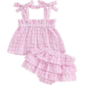Adobabirl Baby Girl Summer Outfits Plaid Tie-Up Straps Sleeveless Tank Tops Layered Bloomers Shorts Boutique Clothing Set
