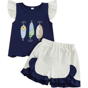 Suolongsama Toddler Kids Girl Summer Clothes Fish Embroidery Flutter Sleeve Top Ruffle Plaid Shorts 2Pcs Fishing Outfit
