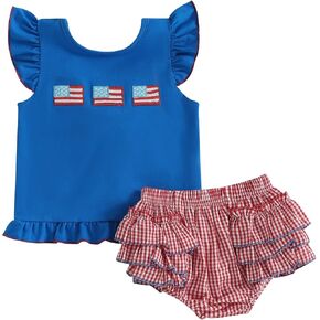 4th Of July Baby Girl Outfits Fly Sleeve Flag Print T-shirt Plaid Ruffle Bloomer Shorts Independence Clothes