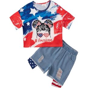 Girls 4th of July Outfit American Flag Shirt Ripped Denim Shorts 4th Of July Outfits for Toddler Girls 1-6T