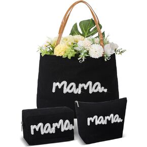 Paterr 3 Pcs Mom Mama Bag Sets Mother Gifts Multifunctional Black Canvas Tote Bag Sets for Mom to Be Gift Baby Shower Hospital Shopping, Beach Travel