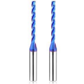 Upcut CNC Router Bits Extra Long 1/4 inch Shank 1/8'' Cutting Dia Spiral Router Bit, 2PCS 3-Flutes Carbide End Mills with Coating Spiral Bit Flat Nose CNC Bits Milling Cutter for Wood PVC Engraving