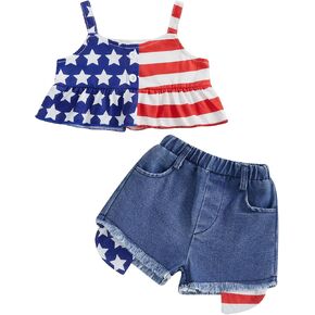 Toddler Girl 4th of July Jean Outfit Independence Day Baby Denim Shorts Set Little Girl Summer Clothes