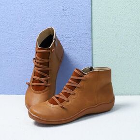 Women's Ankle Boots, Cowboy Boots with Fashion Lace Up & Side Zipper, Vintage Retro Ankle Arch Support Booties, Comfortable Slip On, Flat Low Heel Fall Shoes
