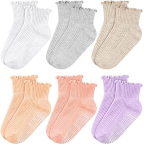 Cooraby 6 Pairs Toddler Anti Slip Non Skid Socks Baby Little Girls Frilly Ruffle Socks Cute Cotton Dress Sock 6M-6Y in Kuwait