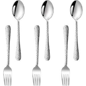TeamFar Child Utensils, Stainless Steel Kids Silverware Children Spoons & Forks for Self Feeding at Home & Preschool, Healthy, Mirror Polished & Hammered Handle, Dishwasher Safe, Set of 6