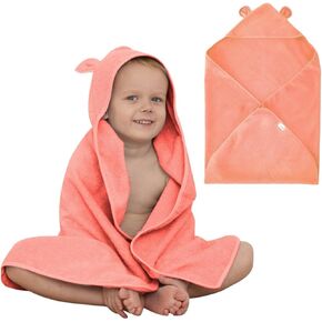 Organic Cotton Toddler Towel Poncho - Ultra-Soft for Boys & Girls 0-5T, Bath Towel with Bear Ears, Absorbent & Premium (Coral)
