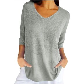 Women Spring Casual 3/4 Sleeve Solid Color V Neck Loose Pullover Knit Fall Sweaters Tops Womens Short Sleeve T