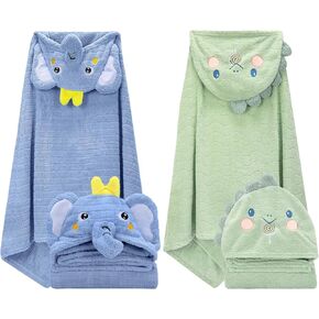 2 Pack Hooded Baby Towels-26 X55 Ultra Soft Baby Bath Towels,Newborn Baby Essentials,Premium Absorbentand Hypoallergenic Towels for Toddler Baby Boy and Girl 0-6 Years（Elephant+Dinosaur）