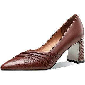 TinaCus Women's Genuine Leather Hnadmade Wrinkle Design Pointed Toe Mid Chunky Heel Pumps Shoes