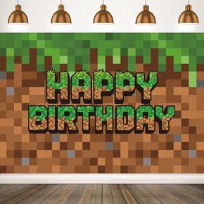 Green and Brown Birthday Decorations Backdrop Banner 5x3Ft Video Game Themed Party Decorations Banner Background Photo Booth Props for Green Birthday Party Supplies