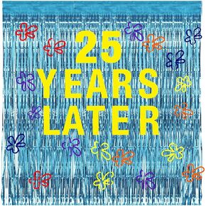 Cartoon Sponge Theme Years Later Birthday Banner Decorations Blue Metallic Wavy Tinsel Foil Fringe Curtain Backdrop and Flowers Wall Decals for Birthday Photo Props Decorations