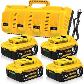 4-Pack 8.0Ah 20 Volt Lithium ion DCB208 Battery and DCB104 Battery Charger Station Compatible with Dewalt 20V Max Batteries DCB207 DCB206 DCB204 DCB203 DCB200 DCB201 Cordless Power Tools(Yellow)