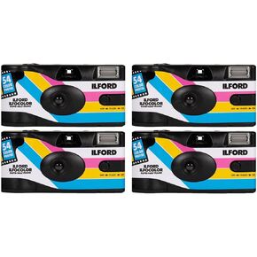 Ilford Ilfocolor Rapid Half Frame Single-Use Camera with Fixed Focus 31mm Lens and 54 Exposures (Black, 4-Pack) Bundle (4 Items)