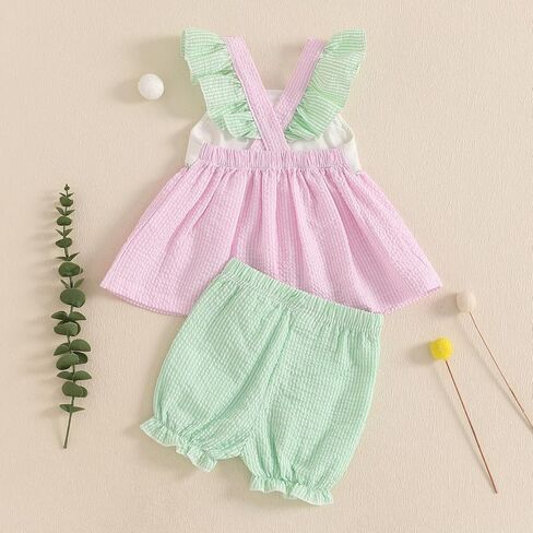Toddler Baby Girl Summer Clothes Watermelon Striped Print Sleeveless Tank Tops Ruffle Cuffs Shorts 2Pcs Sweet Outfit in Saudi Arabia