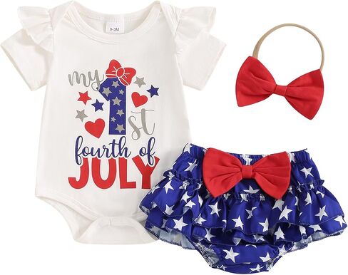 Infant Baby Girl 4th of July Outfit Short Sleeve Letters Romper Stars and Stripe Shorts Headband 3Pcs in Kuwait
