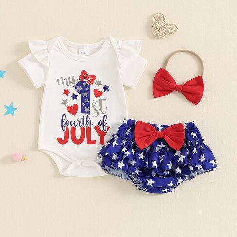 Infant Baby Girl 4th of July Outfit Short Sleeve Letters Romper Stars and Stripe Shorts Headband 3Pcs in Kuwait