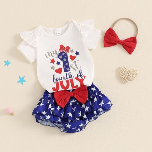 Infant Baby Girl 4th of July Outfit Short Sleeve Letters Romper Stars and Stripe Shorts Headband 3Pcs in Kuwait