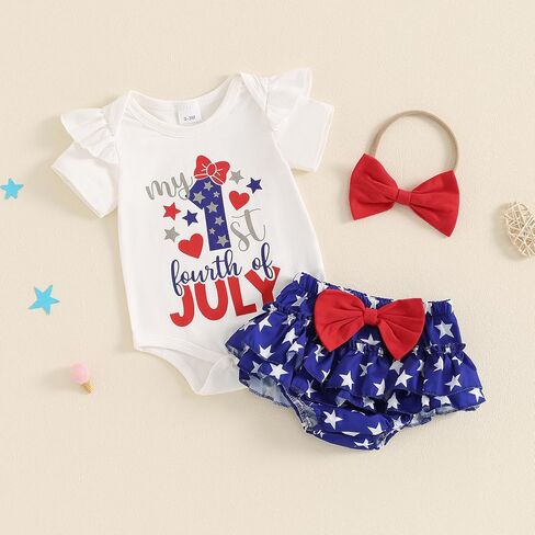 Infant Baby Girl 4th of July Outfit Short Sleeve Letters Romper Stars and Stripe Shorts Headband 3Pcs in Kuwait