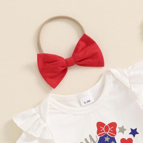 Infant Baby Girl 4th of July Outfit Short Sleeve Letters Romper Stars and Stripe Shorts Headband 3Pcs in Kuwait