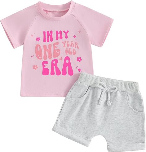 Baby Girl First Birthday Outfit In My One Year Old Era T-Shirt Solid Color Shorts Set 1st Birthday Gifts in Kuwait
