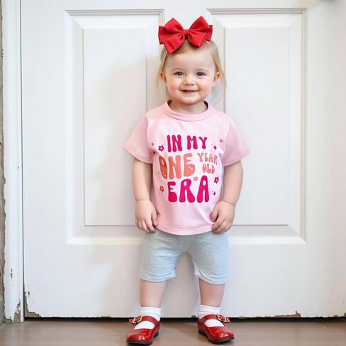 Baby Girl First Birthday Outfit In My One Year Old Era T-Shirt Solid Color Shorts Set 1st Birthday Gifts in Kuwait