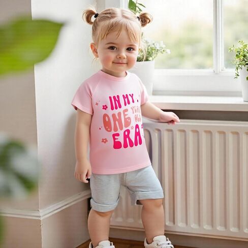 Baby Girl First Birthday Outfit In My One Year Old Era T-Shirt Solid Color Shorts Set 1st Birthday Gifts in Kuwait