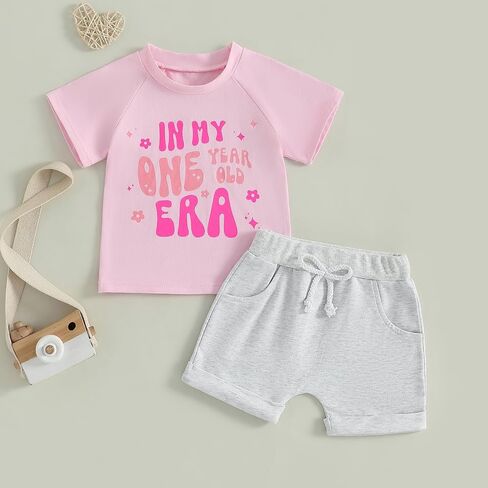 Baby Girl First Birthday Outfit In My One Year Old Era T-Shirt Solid Color Shorts Set 1st Birthday Gifts in Kuwait