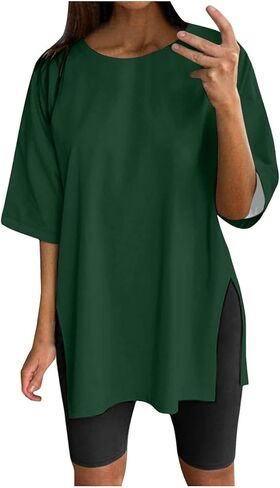 Womens Summer Oversized Shirts Beach Short Sleeve Shirts Round Neck Plus Size Workout Tshirts Casual Solid Blouses in Saudi Arabia