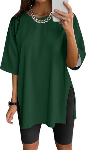 Womens Summer Oversized Shirts Beach Short Sleeve Shirts Round Neck Plus Size Workout Tshirts Casual Solid Blouses in Saudi Arabia