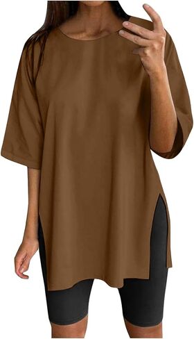 Womens Summer Oversized Shirts Beach Short Sleeve Shirts Round Neck Plus Size Workout Tshirts Casual Solid Blouses in Saudi Arabia