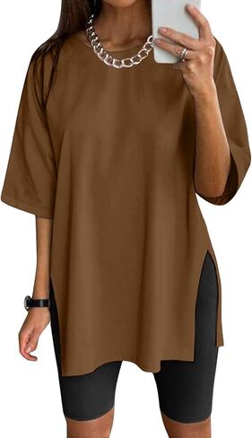 Womens Summer Oversized Shirts Beach Short Sleeve Shirts Round Neck Plus Size Workout Tshirts Casual Solid Blouses in Saudi Arabia